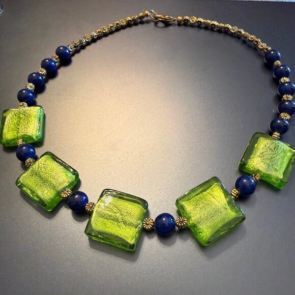 Vibrant Green Dark Blue Glass Beaded Artisan Collar Necklace - Picture 4 of 8
